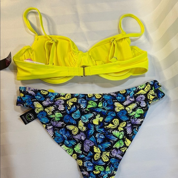 NoBo 2 Piece Bikini, Neon Yellow top, Neon Yellow & Blue Butterfly Bottoms Sz M - Picture 2 of 5